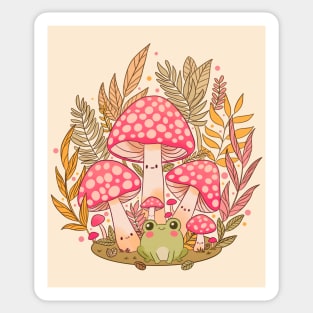 Cottagecore Aesthetic Frog With Mushrooms Sticker